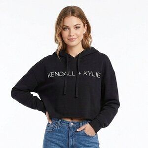 Kendall and Kylie Black Raw Hem Hoodie Sweatshirt Pullover Logo Casual NWT